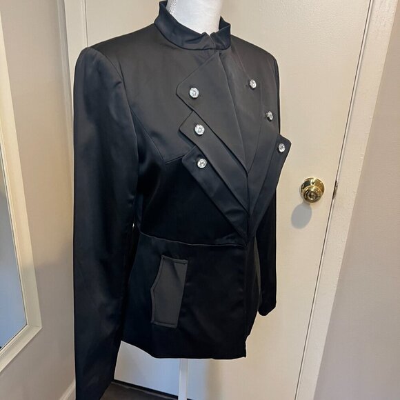 CC Couture Black Satin look Evening Jacket with Rhinestone buttons, Size Medium - Picture 6 of 13